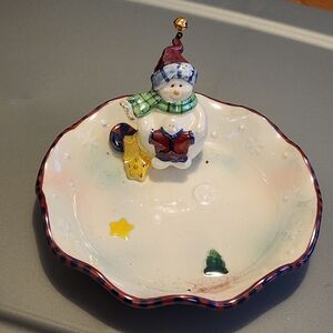 Blue Sky Snowman Candy Dish - White with Yellow and Green Stars